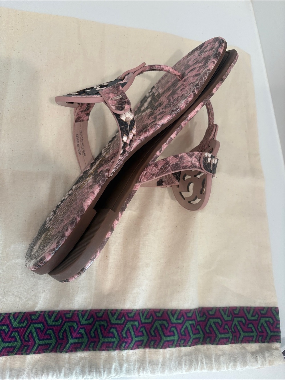 Tory Burch Miller Snake-Print Leather Thong Sandal in Pink and Brown 8.5 - Picture 12 of 15